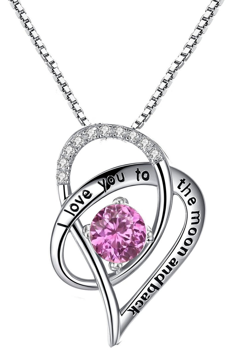 [Australia] - Sterling Silver"I Love You To The Moon and Back" Engraved Love Heart Pendant Necklace - Pink 