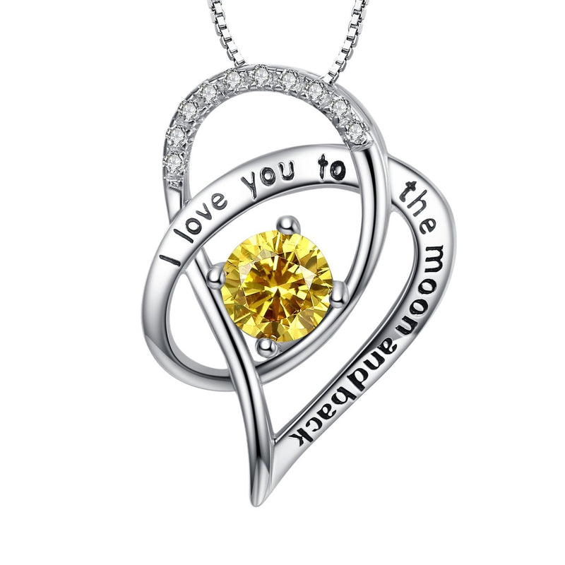 [Australia] - Sterling Silver"I Love You To The Moon and Back" Engraved Love Heart Pendant Necklace - Yellow 