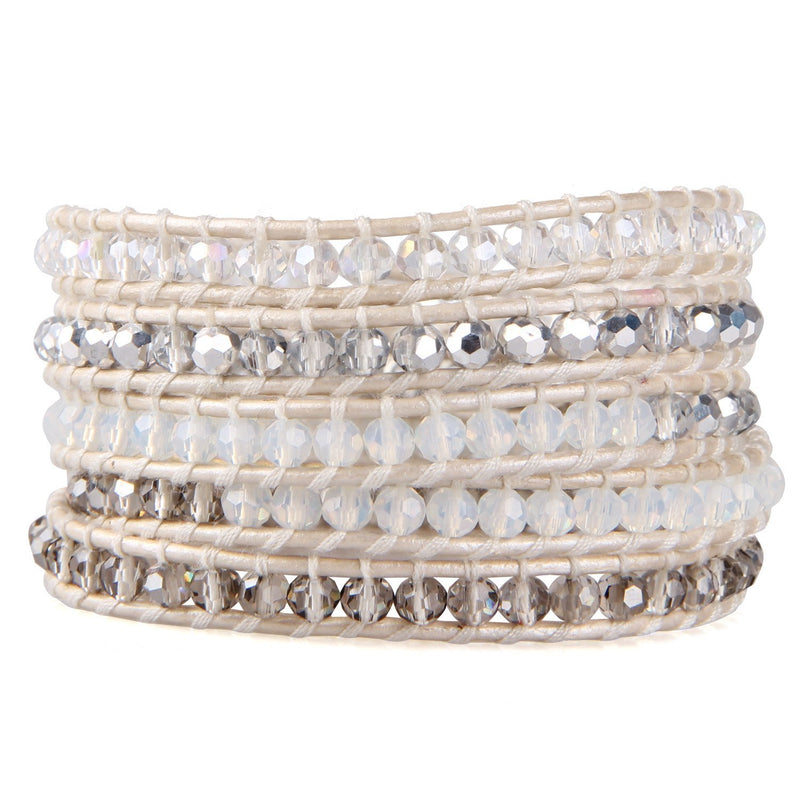 [Australia] - KELITCH Crystal Gray Beaded 5 Wrap Bracelet On Lvory Leather Handmade Jewelry White 
