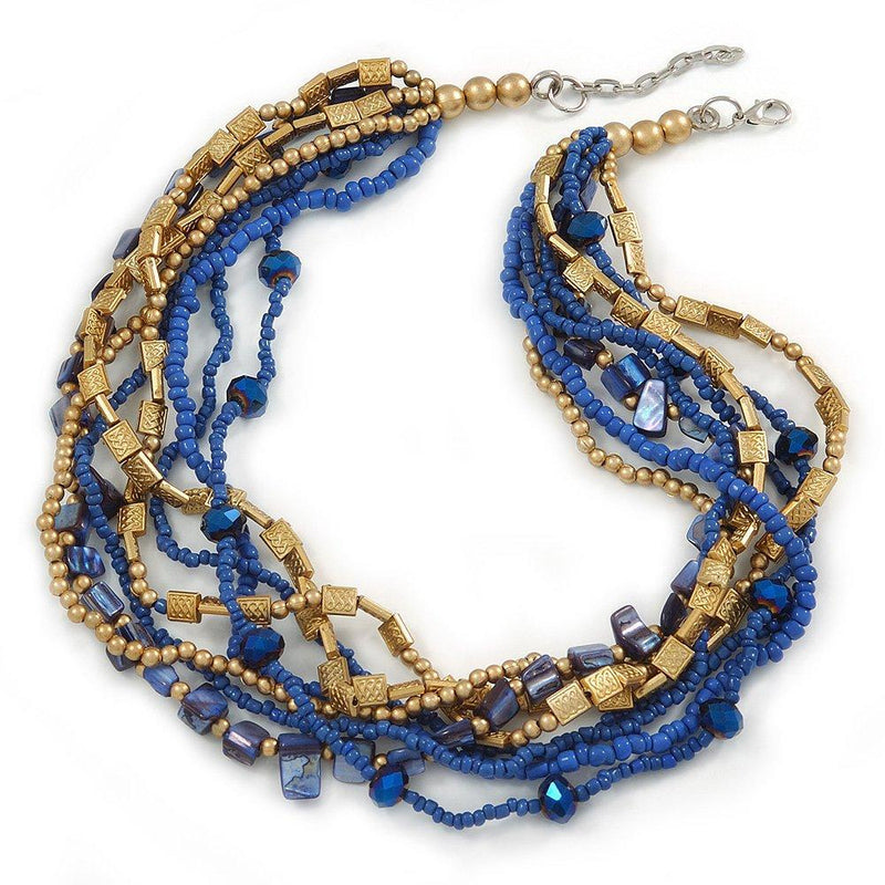 [Australia] - Avalaya Multistrand Blue Glass Bead, Violet Blue Shell Nugget, Gold Acrylic Bead Necklace - 47cm L/ 4cm Ext 