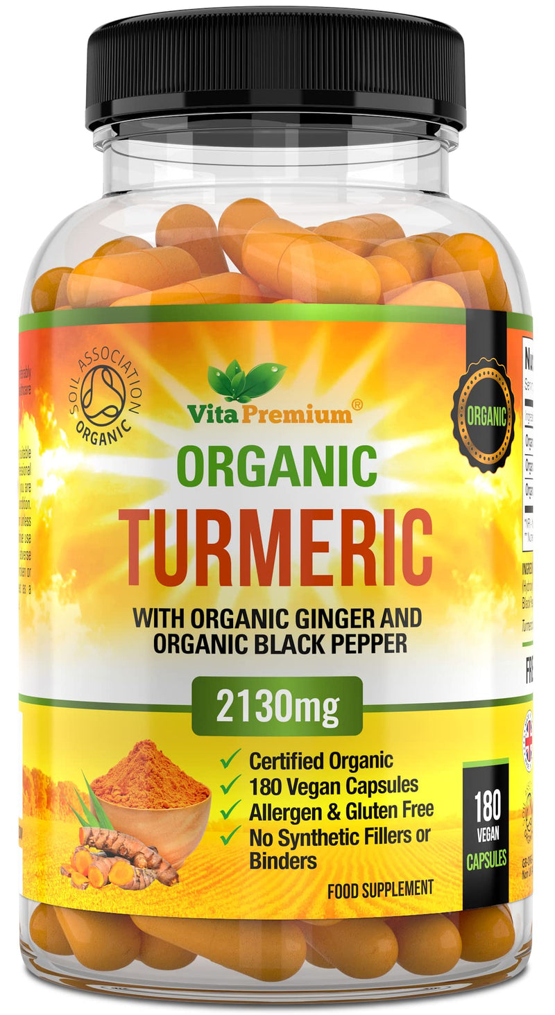[Australia] - Organic Turmeric Curcumin 2130mg per Serving with Ginger and Black Pepper - 180 Vegan Capsules - High Strength Supplement 