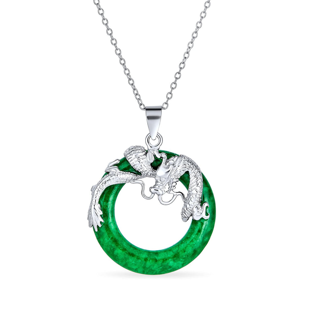 [Australia] - Bling Jewelry Asian Style Open Round Circle Disc Red Green Dyed Jade Dragon Pendant Necklace for Women 925 Sterling Silver 18 Inch 