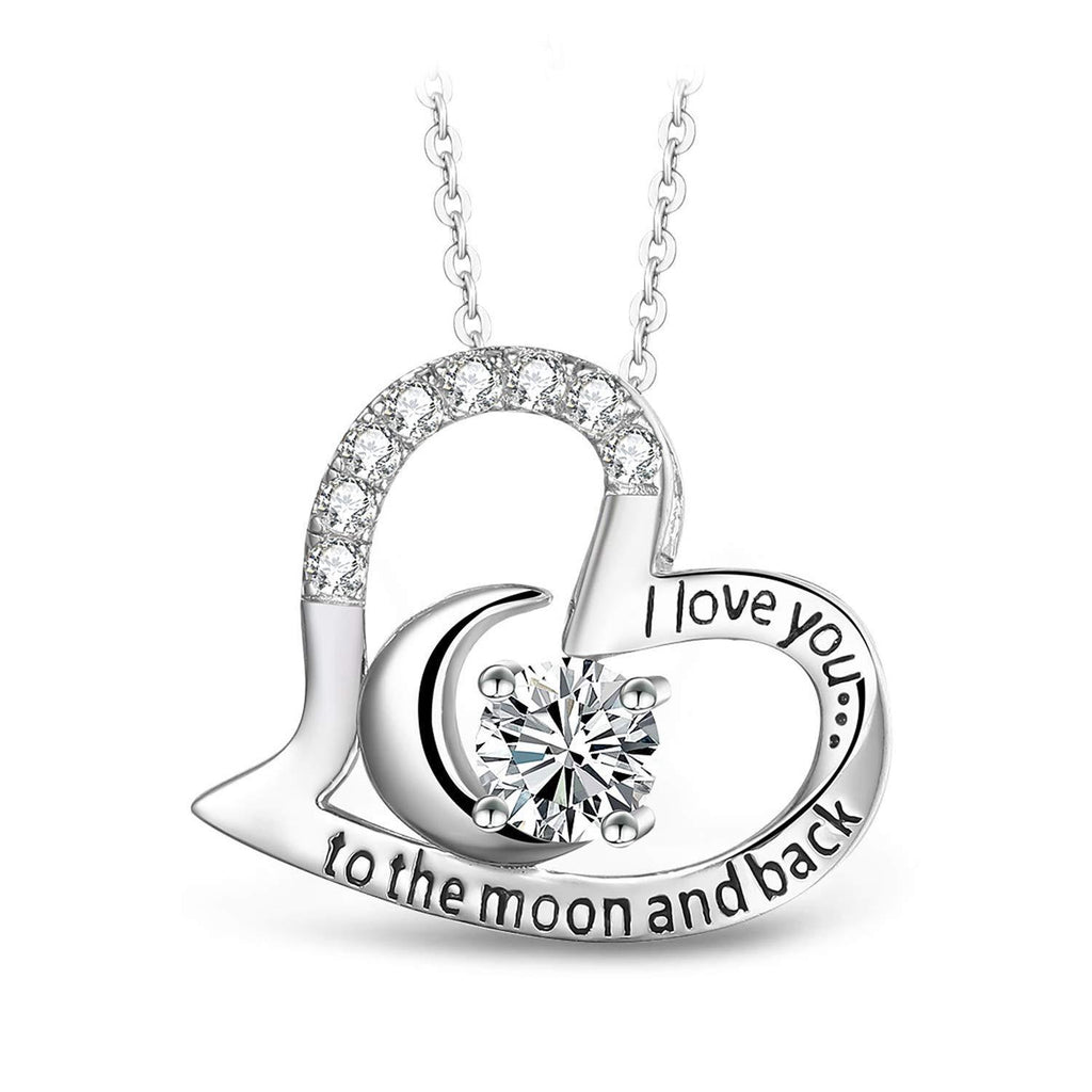 [Australia] - T400 Sterling Silver Necklace I Love You to The Moon and Back White Cubic Zirconia Moon Heart Pendant Birthday Gift for Women Girls 18"+2" Chain 