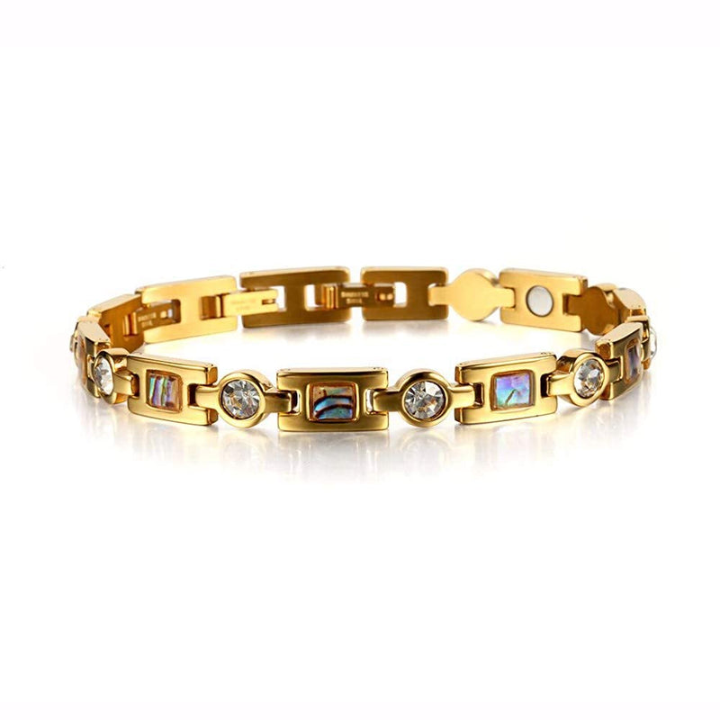 [Australia] - Rainso Womens Titanium Steel Golf Magnetic Therapy Bracelet Rhinestone Health Wristband with 3 Smart Buckle Gold 