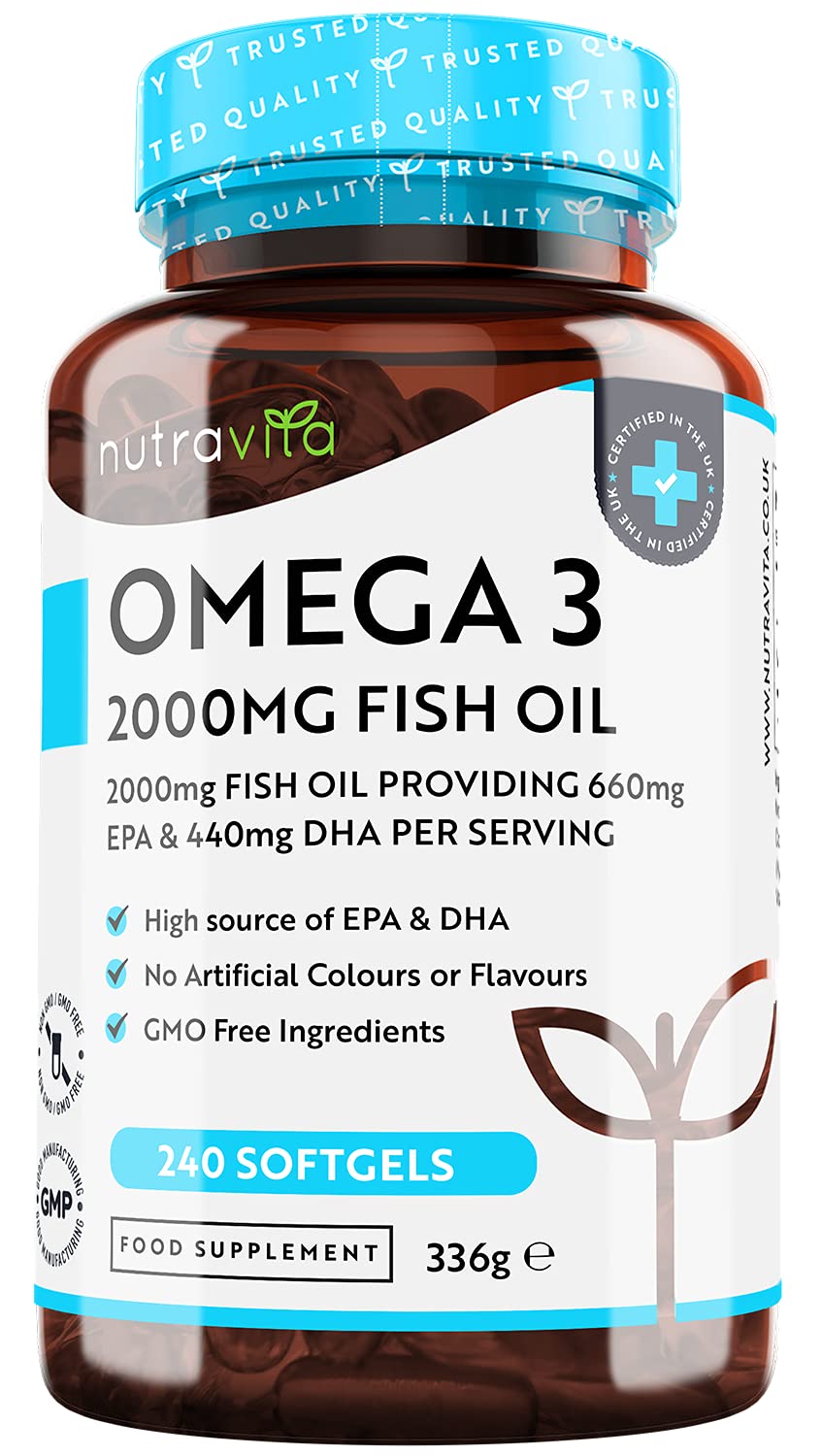 [Australia] - Omega 3 Fish Oil 2000mg – 240 High Strength Capsules (4 Month Supply) – 660mg EPA & 440mg DHA per Daily Serving – Supports Normal Heart Function – Pure Omega 3 Capsules – Made in The UK by Nutravita 