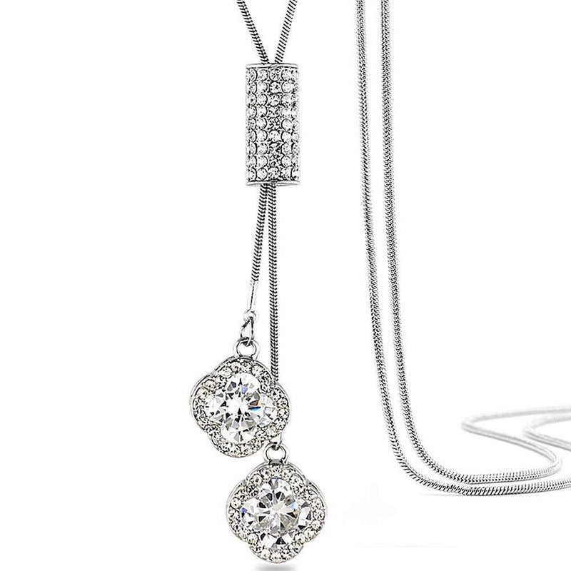 [Australia] - Four Leaf Clover Long Necklace Sweater Chain Hanging for Women and Girls Silver 