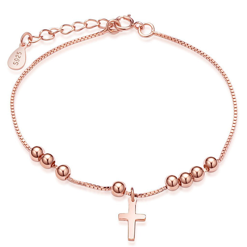 [Australia] - Infinite U Fashion Simple Cross Beads Womens Link Charm Bracelet 925 Sterling Silver Adjustable Chain with Extension, Rose Gold 