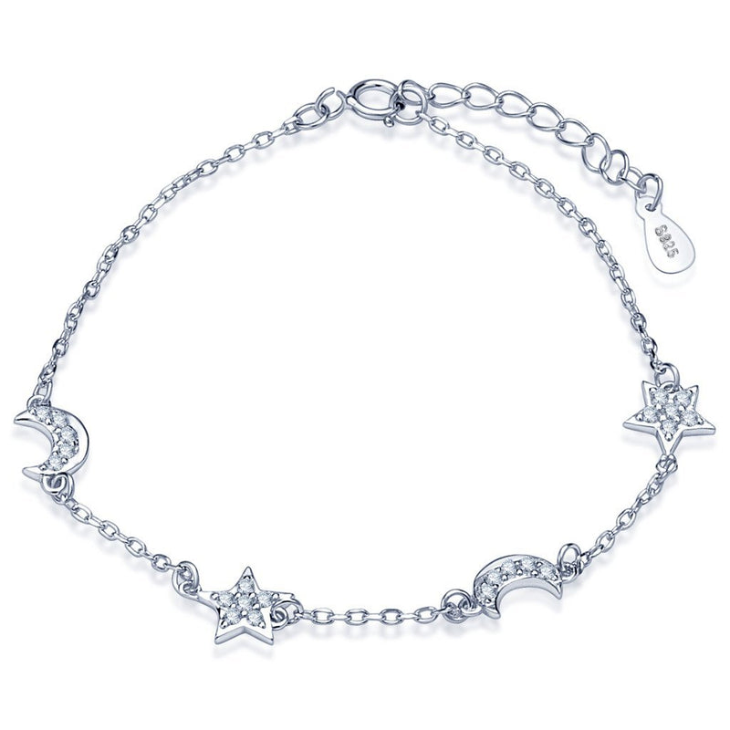 [Australia] - Infinite U Elegant Stars Moons Womens Link Charm Bracelet 925 Sterling Silver Cubic Zirconia Adjustable Hand Chain, Silver 