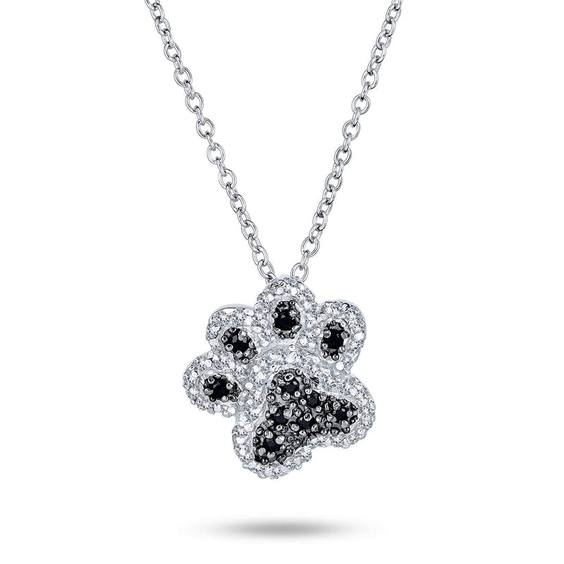 [Australia] - Black White Pave CZ Dog Cat Puppy Kitten BFF Pet Paw Print Pendant Necklace For Women For Teen 925 Sterling Silver 