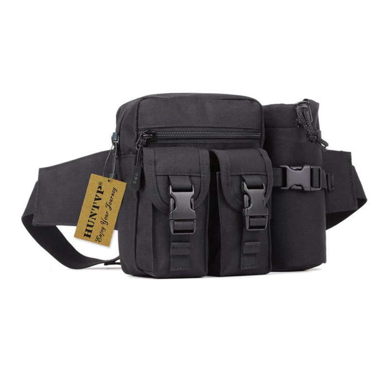 [Australia] - HUNTVP Tactical Waist Pack Bag with Water Bottle Pouch Molle Fanny Bag Bumbag Waist Bag for Dog Walking Running Hiking Travel Outdoors Black 