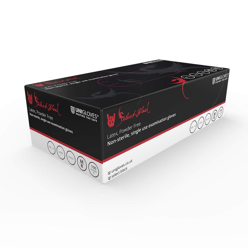 [Australia] - Unigloves Select Black Latex GT0021 Single Use Gloves - Multipurpose, Powder Free Disposable Gloves, Optimised for Tattoo/Piercing and Beauty, Box of 100 Pairs, Black XS (Pack of 100) 