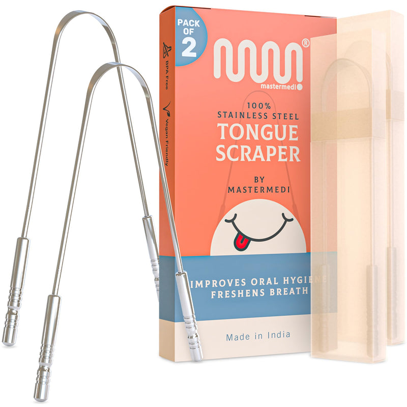 [Australia] - MasterMedi Tongue Scraper with Travel Case (2 Pack), Bad Breath Treatment Tongue Scraper for Adults, Medical Grade 100% Stainless Steel for Oral Care, Easy to Use Tongue Cleaner for Hygiene 2 Count (Pack of 1) 