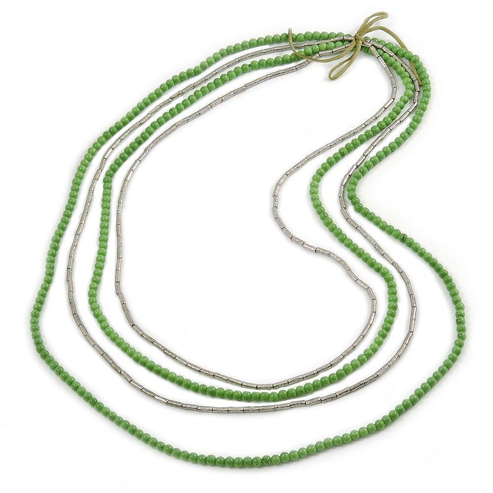 [Australia] - Avalaya 4 Strand Multilayered Pea Green Ceramic and Silver Tone Acrylic Bead Necklace - 110cm L 