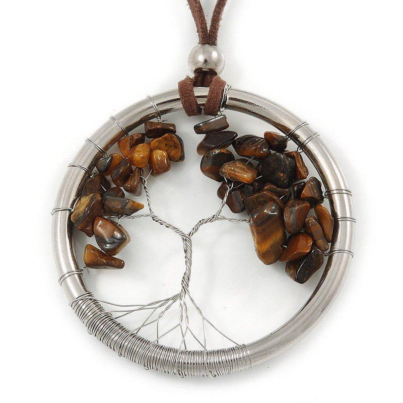 [Australia] - Avalaya 'Tree of Life' Open Round Pendant with Tiger Eye Stones on Dark Brown Suede Cord - 88cm L 