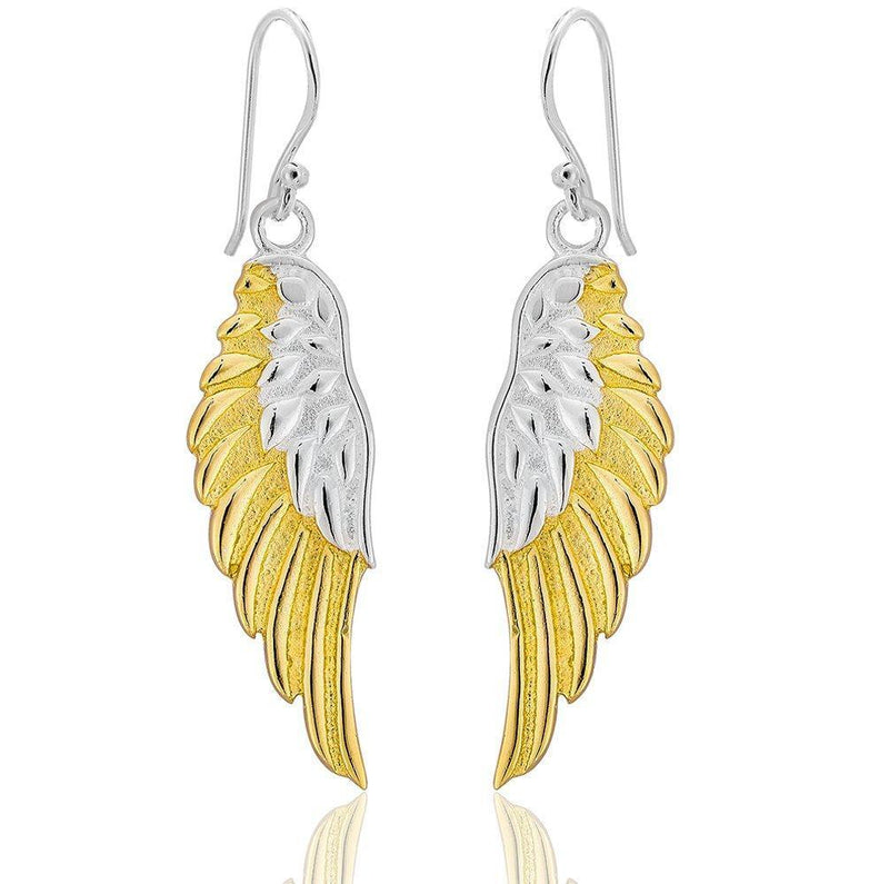 [Australia] - DTPsilver® 925 Sterling Silver Yellow or Rose Gold Plated Angel Wings Hook Dangle Earrings - Two-Tone - Dimensions: 11 x 45 mm Yellow Gold 