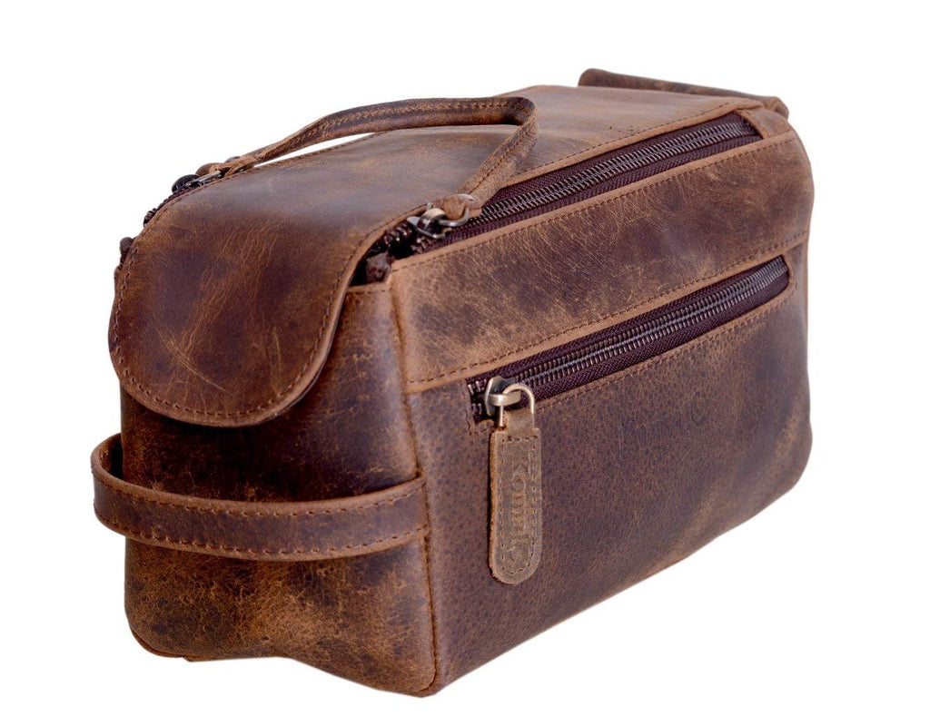 [Australia] - KOMALC Premium Buffalo Leather Unisex Toiletry Bag Travel Dopp Kit (Distressed Tan) Distressed Tan 