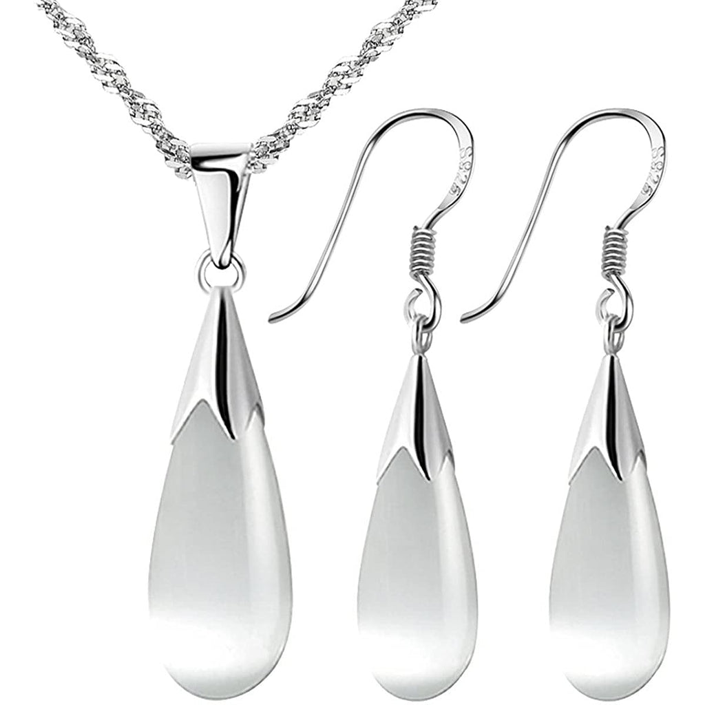 [Australia] - Merdia 925 Sterling Silver Created Cat's Eye Teardrop Pendant Necklace and Earrings Necklace and Earrings Set 