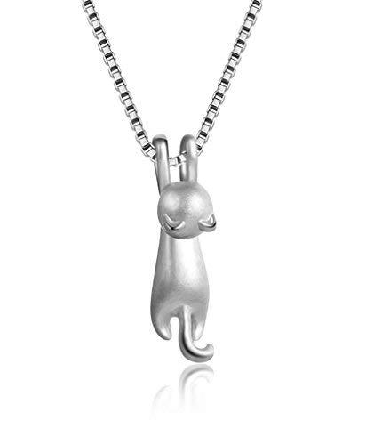 [Australia] - Forfamilyltd Sterling Silver Cute Climbing Cat Kitten Necklace Pendant Matte surface 925 Silver 3D Cat Lover + Gift Box 