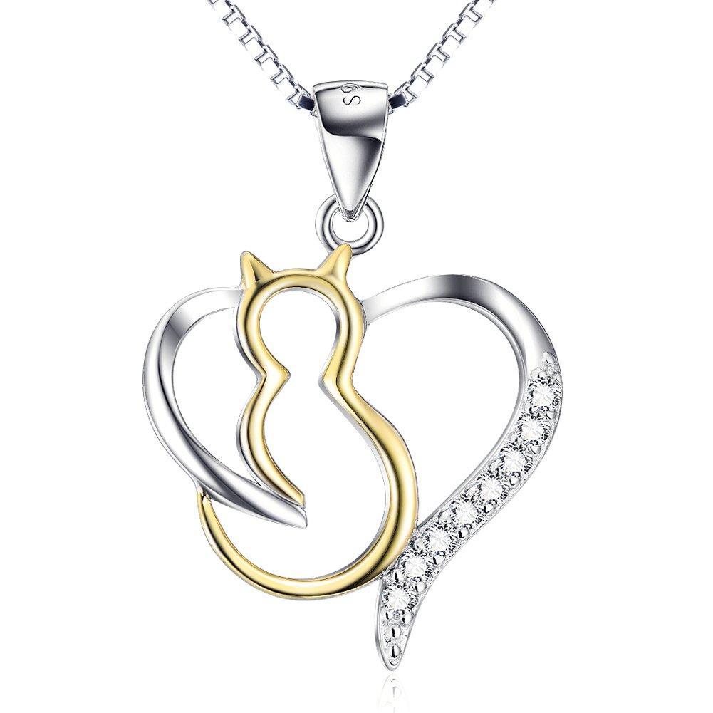 [Australia] - YFN Women Necklace “Lovely Cat” 925 Sterling Silver Cubic Zirconia Gold Tone Cat Pendant Jewellery for Girls,18" (Lovely Cat Heart Pendant) 