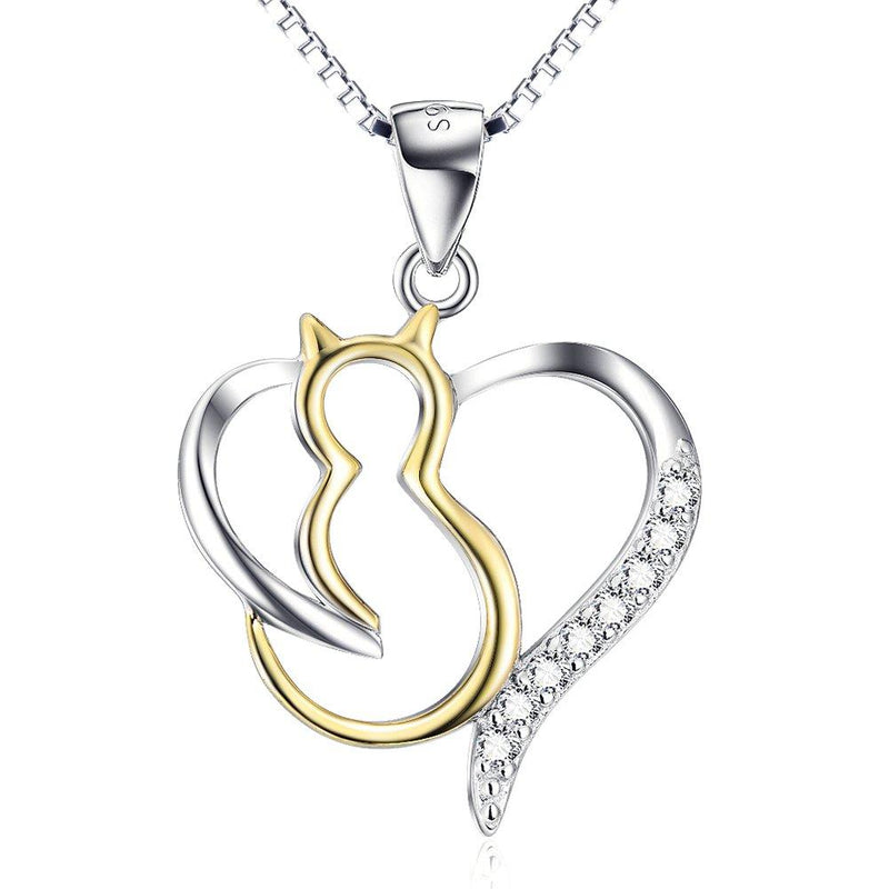 [Australia] - YFN Women Necklace “Lovely Cat” 925 Sterling Silver Cubic Zirconia Gold Tone Cat Pendant Jewellery for Girls,18" (Lovely Cat Heart Pendant) 