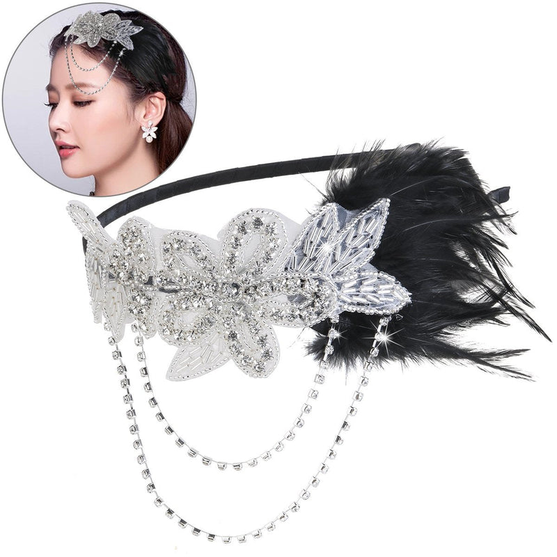 [Australia] - FENICAL Retro Feather Headpiece Flapper Chain Flower Hairband Great Gatsby Headband 1920s for Fancy Dress Party Dress-up Accessories 