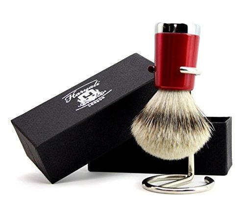 [Australia] - Mens Sliver Tip Badger Hair Shaving Brush with Shiny Red Base & Stainless Steel Brush Stand/Holder 