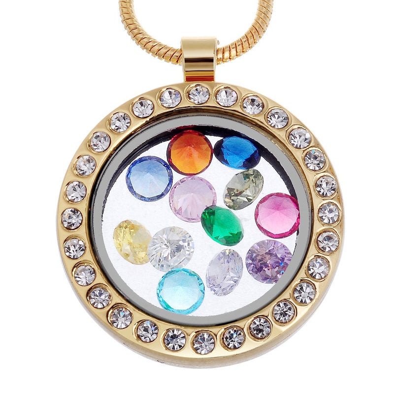 [Australia] - RUBYCA Living Memory Glass Locket Necklace 12 Round Crystal Birthstones Floating Charms Gold Tone Round Birthstone - Gold Round Locket Crystals 