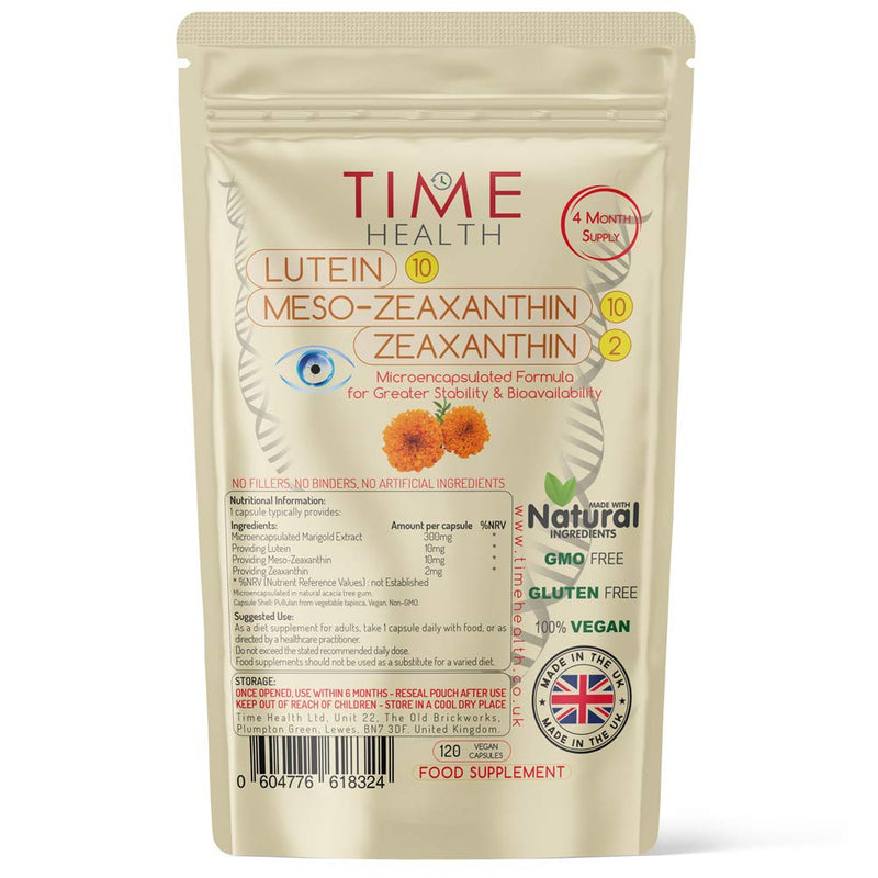 [Australia] - Lutein 10mg - Meso-zeaxanthin 10mg - Zeaxanthin 2mg – Micro-encapsulated Formula – 100% Pure Natural Highly Bioavailable – UK Manufactured (120 Capsule Pouch) 120 Count (Pack of 1) 