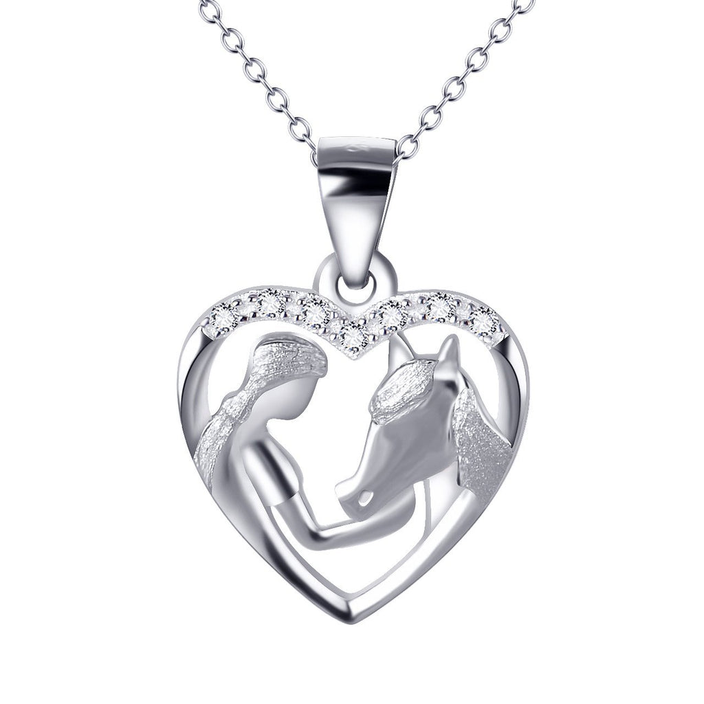 [Australia] - YFN Sterling Silver/Rose Gold Plated Horse and Girl Pendant Necklace Jewellery Gifts for Women Girls Silver Horse and Girl Necklace 