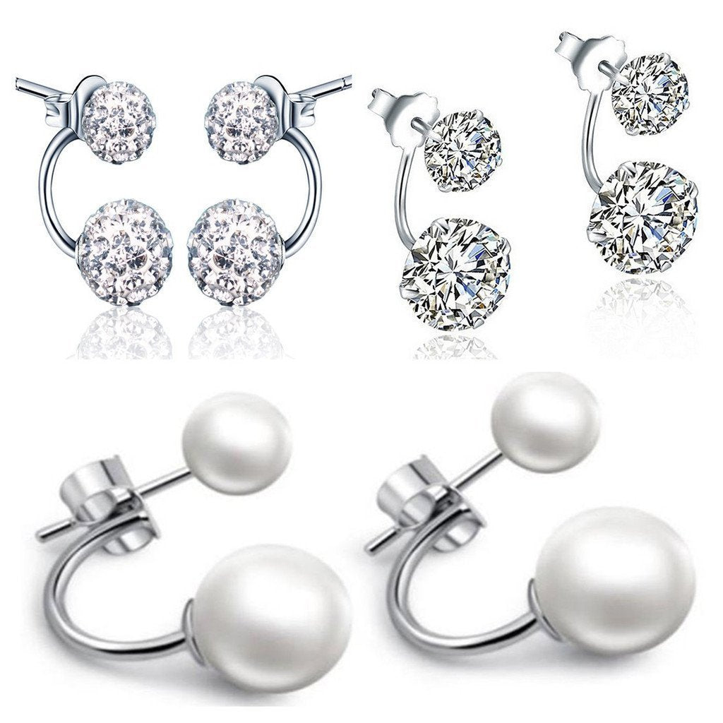 [Australia] - Yumilok Jewelry 3 Pairs 925 Sterling Silver Pearls Crystal Cubic Zirconia Double Balls Front and Back Earrings Studs Earring Jackets, Hypoallergenic 