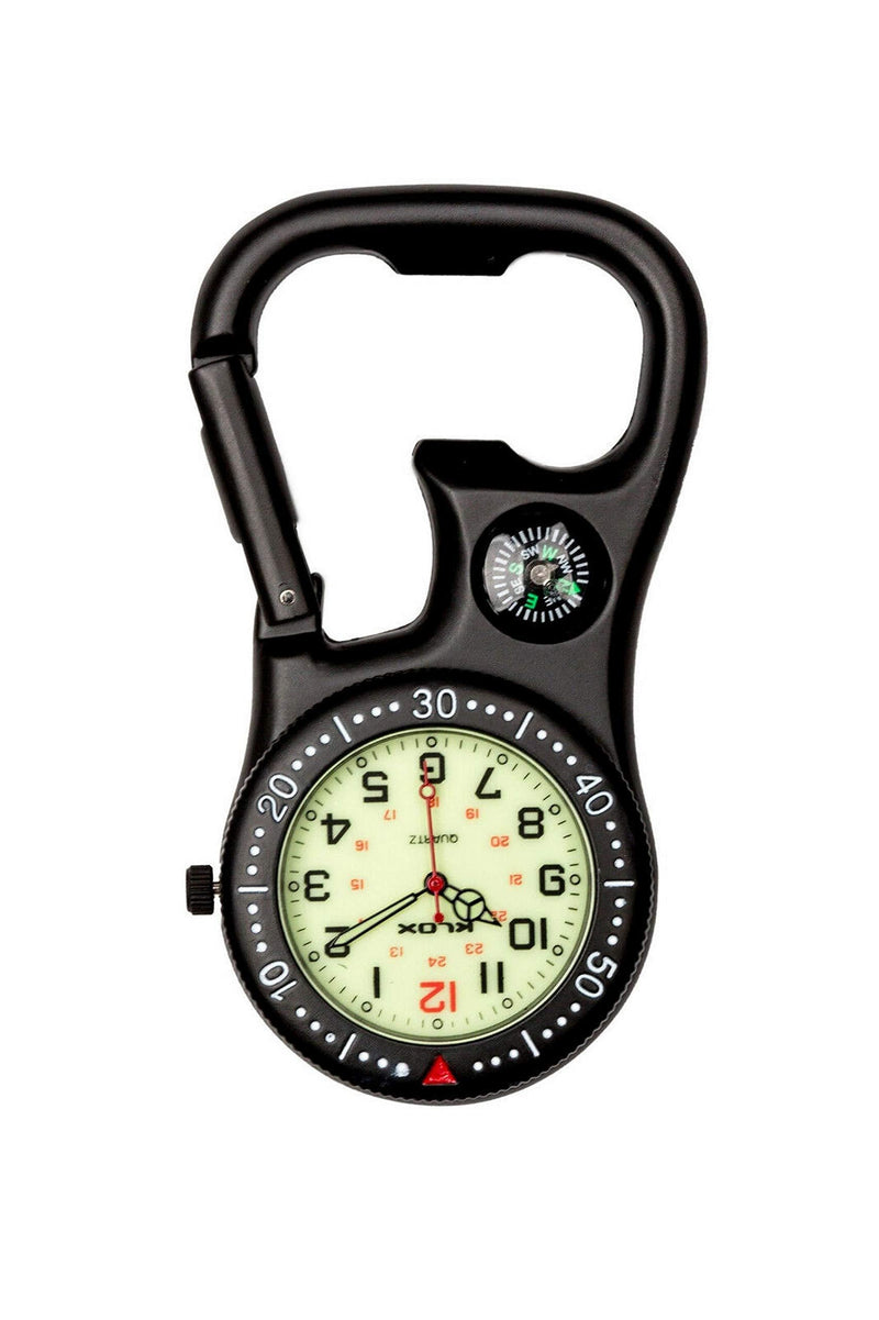 [Australia] - Black Clip-On Carabiner FOB Watch with Compass and Bottle Opener, Pocket Watch for Doctors Nurses Paramedics Chefs 