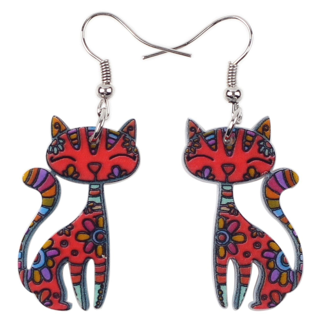 [Australia] - BONSNY Cat Charm Jewellery Acrylic Kitten Charm Drop Dangle Pattern Pet Tag Statement Earrings Women and Girls Red 