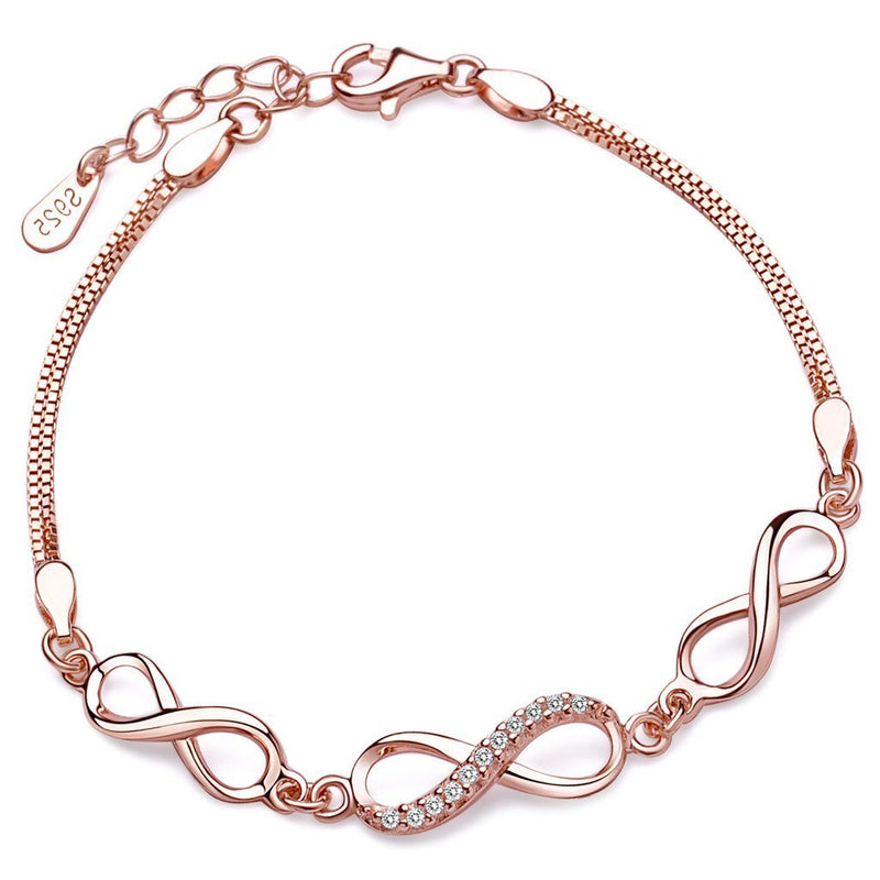 [Australia] - Yumilok 925 Sterling Silver Cubic Zirconia Rose Gold Plated Women Charm Bracelet 3 Infinity Symbols Link Bracelet Hand Chain with Extension 