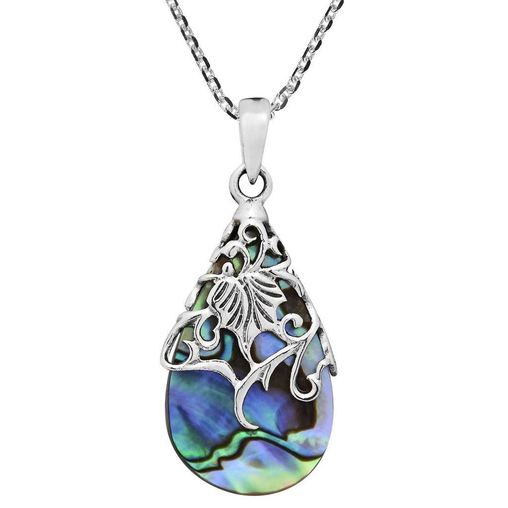 [Australia] - Floral Vine Ornate Teardrop Abalone Shell .925 Silver Pendant Necklace 