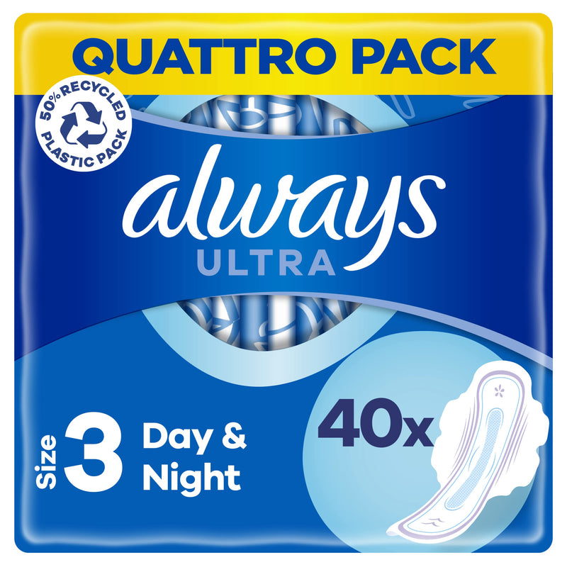 [Australia] - Always Ultra Night Sanitary Towels with Wings, Size 3, 40 Instant Dry Towels (10 x 4 Packs), QUATTRO PACK, Odour Neutraliser, Absorbent Core Size 3 (Pack of 40) 