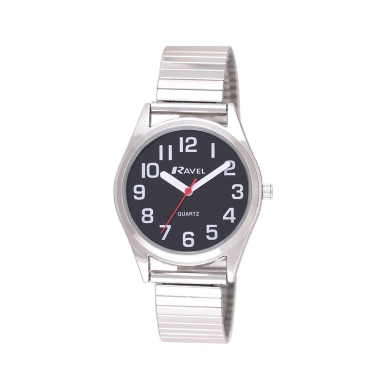 [Australia] - Ravel - Women's Super Bold Sight Aid Watch with Big Numbers on Stainless Steel Expander Bracelet - Silver Tone/Black Dial 