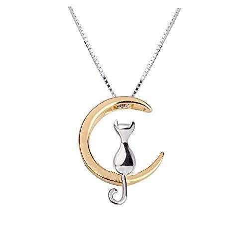 [Australia] - URBAN SHe° ' The Cat is Over the Moon' Sterling Silver Cat Kitten Crescent Moon Cat Necklace Pendant 925 Silver 3D Cat Lover Daily Jewellery Gift Idea Gold Moon 