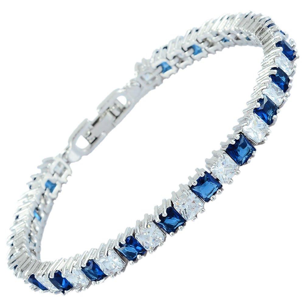 [Australia] - RIZILIA Ice Cubes Tennis Bracelet [18cm/7inch] with Princess Cut Gemstones CZ [5 Colours Available] in 18K White Gold Plated, Simple Modern Elegance Blue Sapphire 