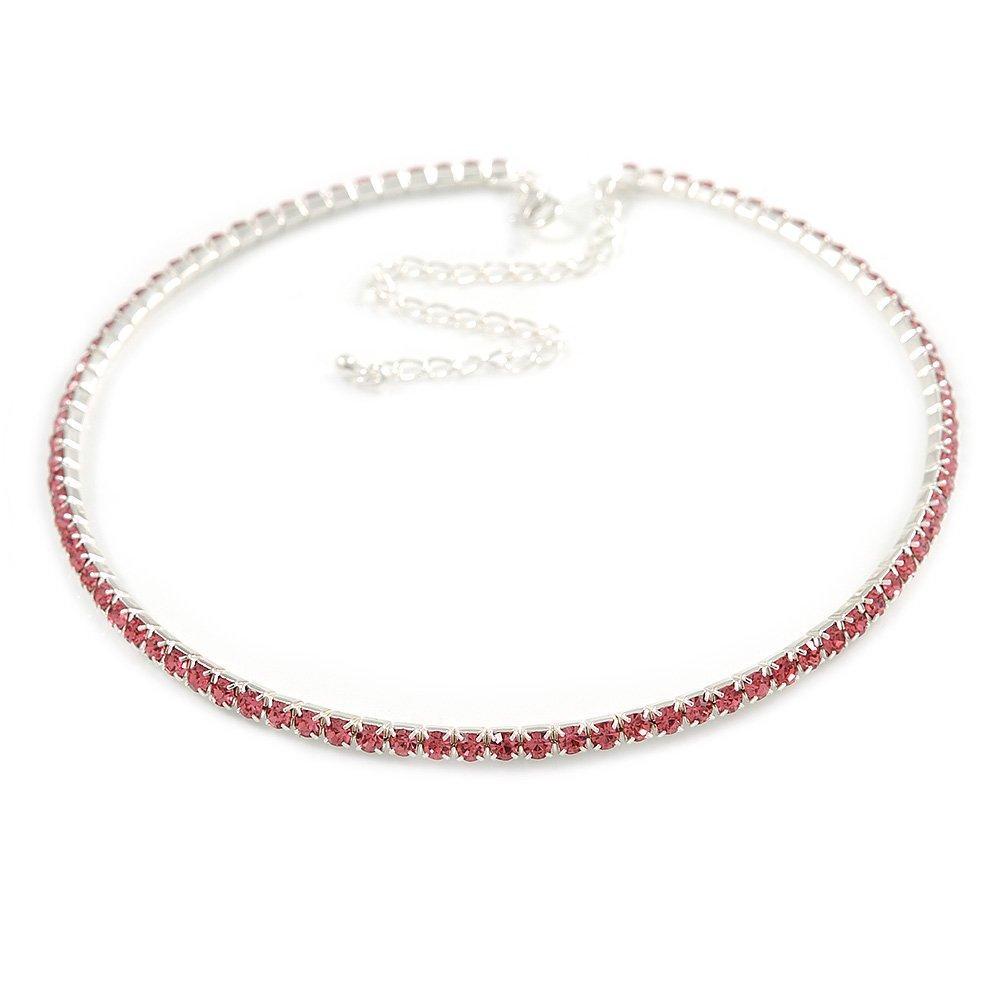 [Australia] - Avalaya Thin Pink Top Grade Austrian Crystal Choker Necklace in Rhodium Plated Metal - 36cm L/ 10cm Ext 