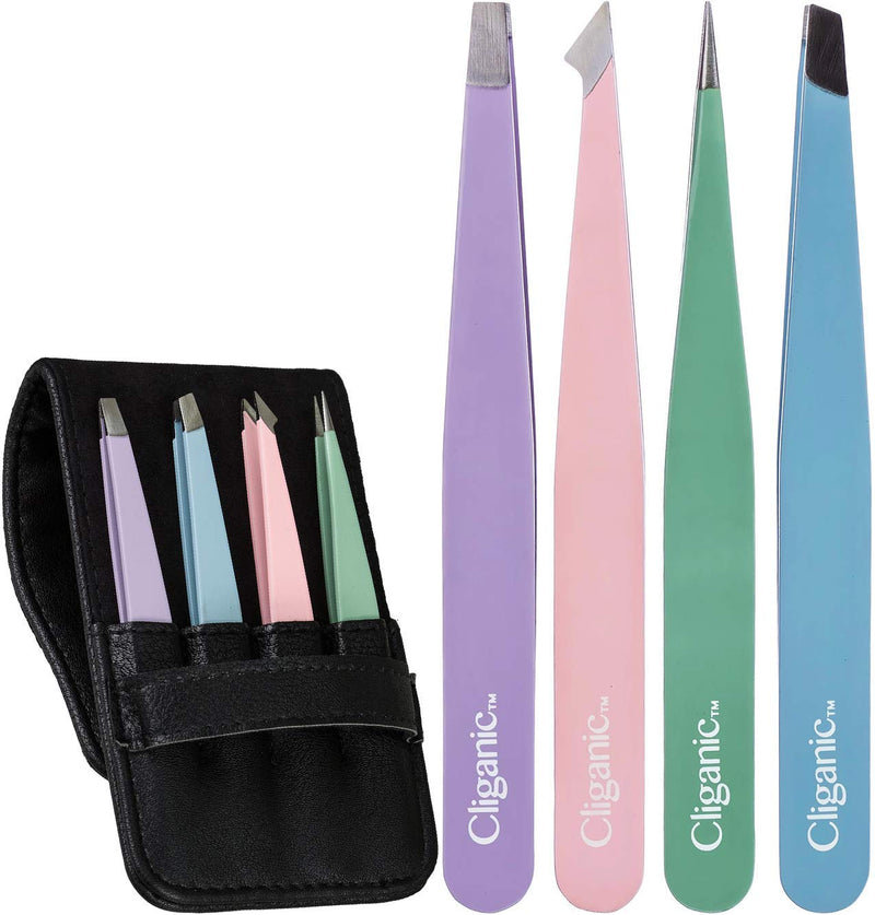 [Australia] - 4-Piece Professional Tweezers Set with Case | Stainless Steel | Best Precision for Eyebrow, Splinter & Ingrown Hair Removal | Includes: Slant, Point, Straight, & Point/Slant Multi Color 