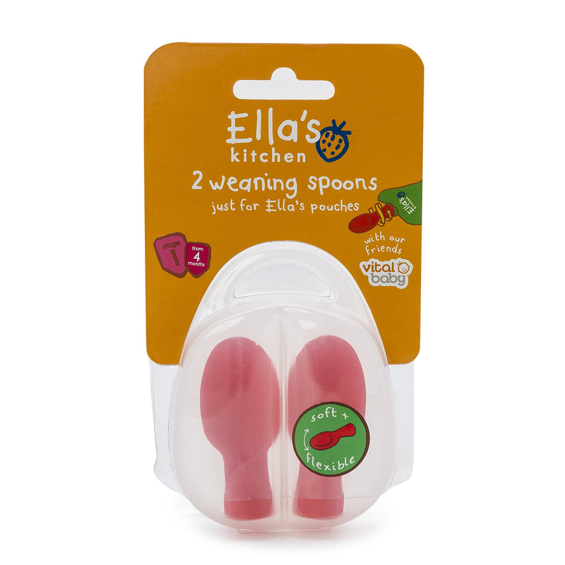 [Australia] - Vital Baby Ella's Kitchen Pouch Spoon Tips with Travel Case - Baby Weaning Spoons - Soft, Gentle and Flexible Spoon Tips - BPA, Phthalate & Latex Free - Hygienic Travel Case Included - 4m+ - 2pk Red 