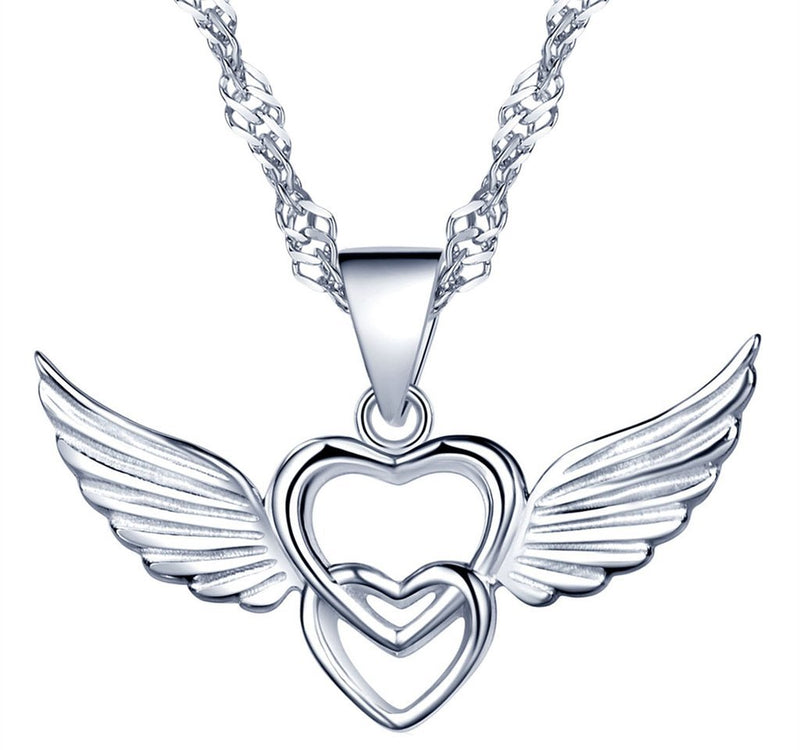 [Australia] - Yumilok Jewelry 925 Sterling Silver Silver/Rose Gold Plated Interlocking Hearts Angel Wings Pendant Necklace for Women/Girls 
