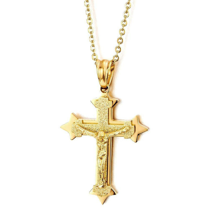 [Australia] - COOLSTEELANDBEYOND Small Tri-Layer Stainless Steel Gold Color Jesus Christ Crucifix Cross Pendant Necklace Men Women 