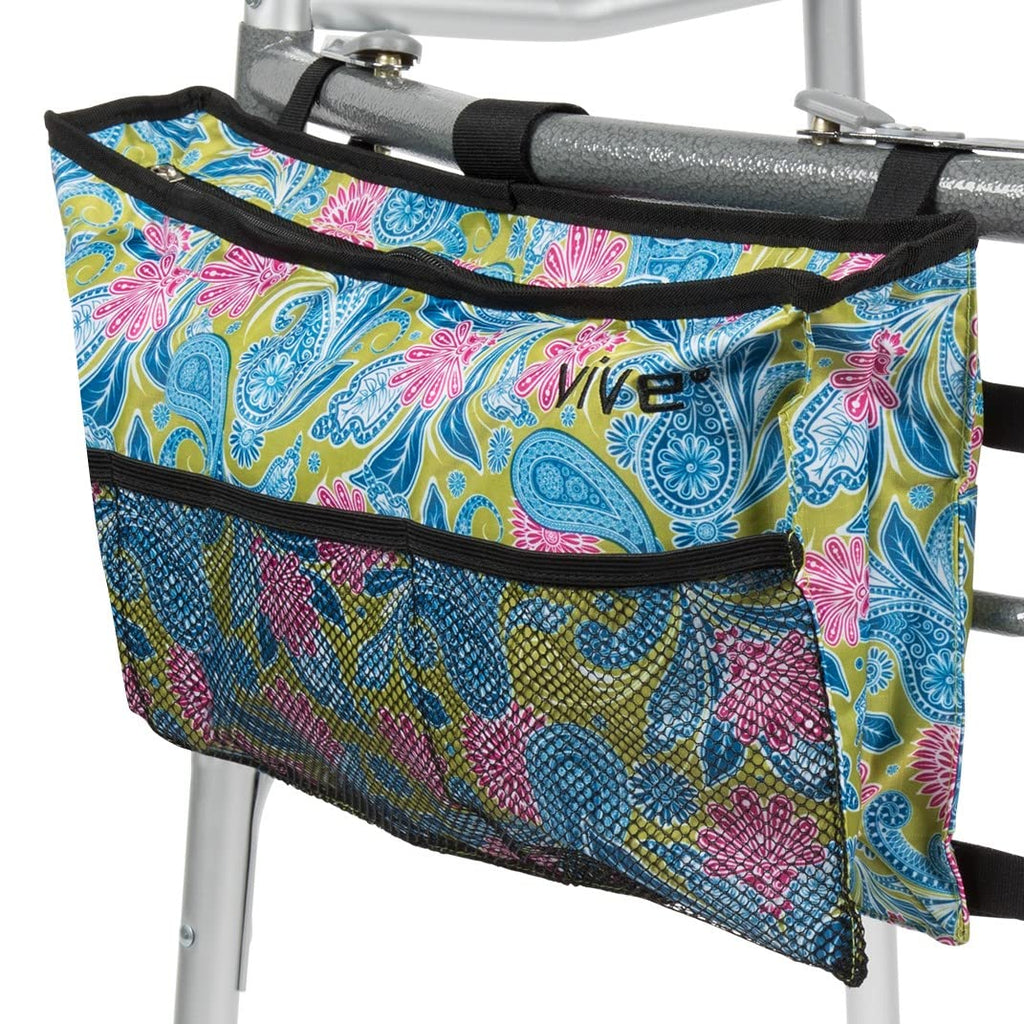 [Australia] - Vive Wheelchair Zimmer Frame Bag - Water Resistant Accessory Basket Provides Hands Free Storage for Folding Walkers - Attachment Fits Wide (Green Paisley) Green Paisley 