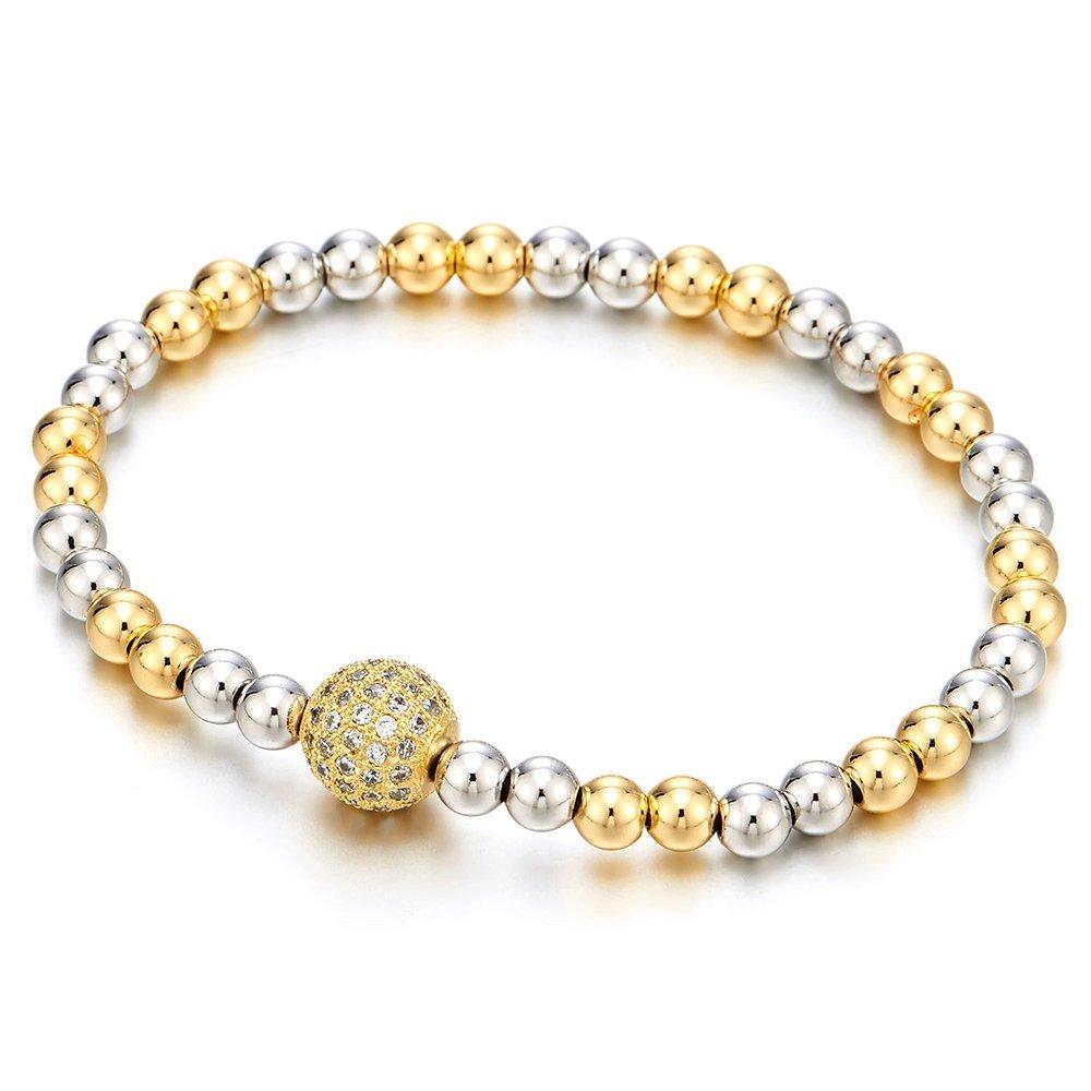 [Australia] - COOLSTEELANDBEYOND Beautiful Gold Silver Two-Tone Beads Bracelet for Women Girls with Cubic Zirconia Ball 