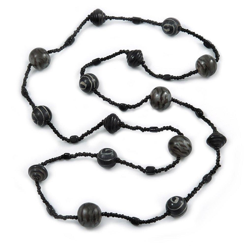 [Australia] - Avalaya Long Wood, Resin, Glass, Ceramic Bead Necklace (Black/Dark Grey) - 140cm Length 