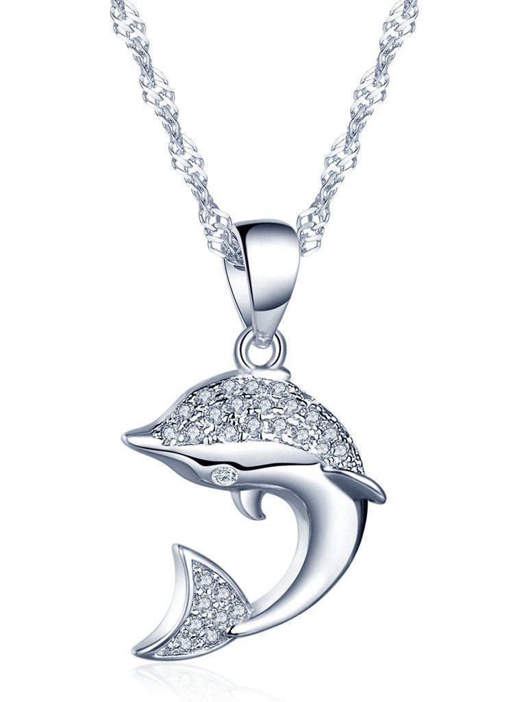 [Australia] - Yumilok Jewelry 925 Sterling Silver Cubic Zirconia Silver/Rose Gold Plated Cute Dolphin Pendant Necklace for Women/Girls 