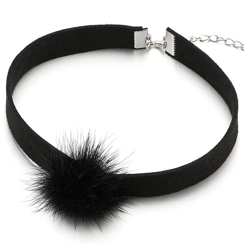 [Australia] - COOLSTEELANDBEYOND Cute Black Choker Necklace with Fluffy Fur Ball Pom Pom Charm Pendant for Lady Women Girls 