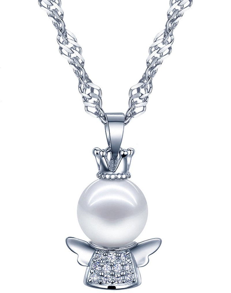 [Australia] - Yumilok Jewelry 925 Sterling Silver Pearl Guardian Angel Pendant Necklace for Women/Girls 