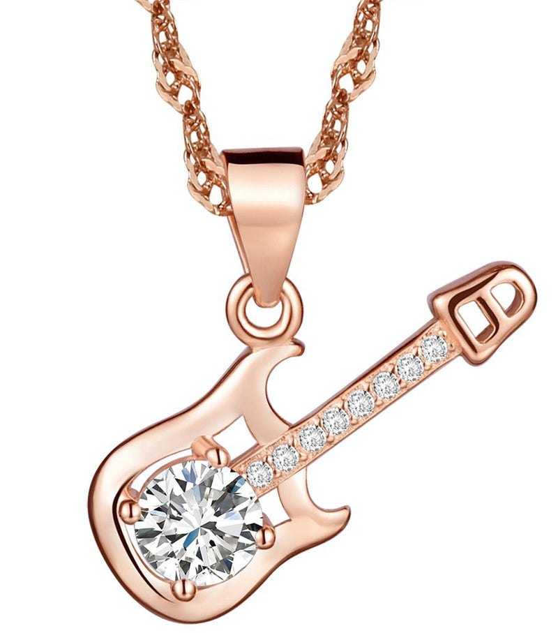 [Australia] - Yumilok Jewelry 925 Sterling Silver Rose Gold Plated Cubic Zirconia Guitar Pendant Necklace for Women/Girls Music Lovers 